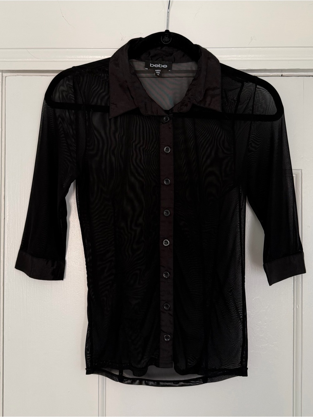 bebe Sexy, Sleek, Modern, ‘90s Black Sheer Button-Front Collared Shirt